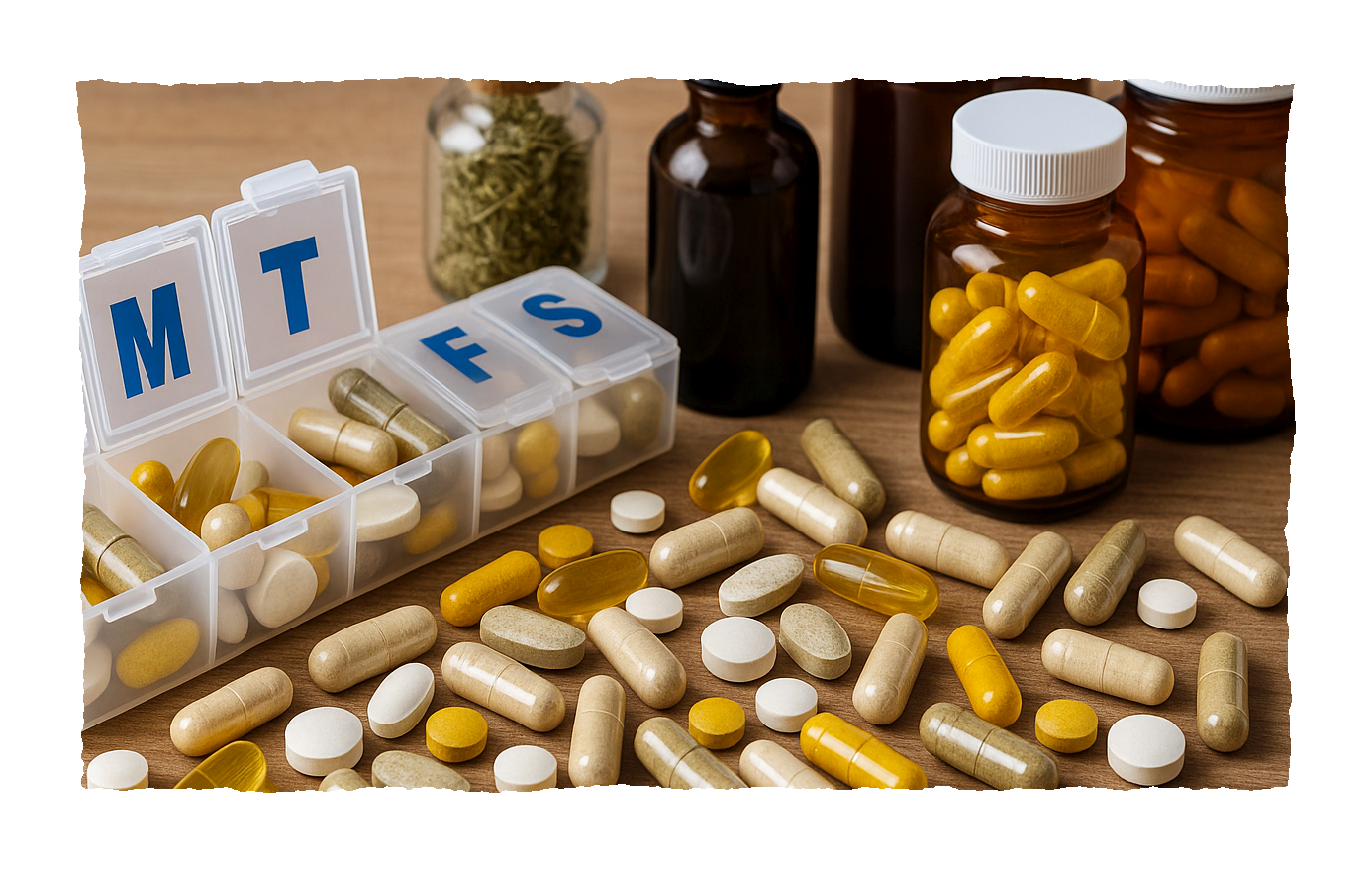 Image of pills and natural remedies all jumbled up. The More-Is-Better Trap: When Remedy Stacking Backfires